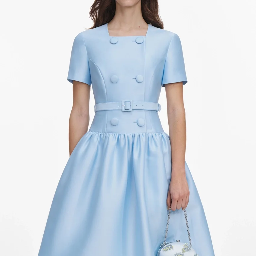 Blue Button Front Taffeta Midi Dress Blue Button Front Taffeta Midi Dress