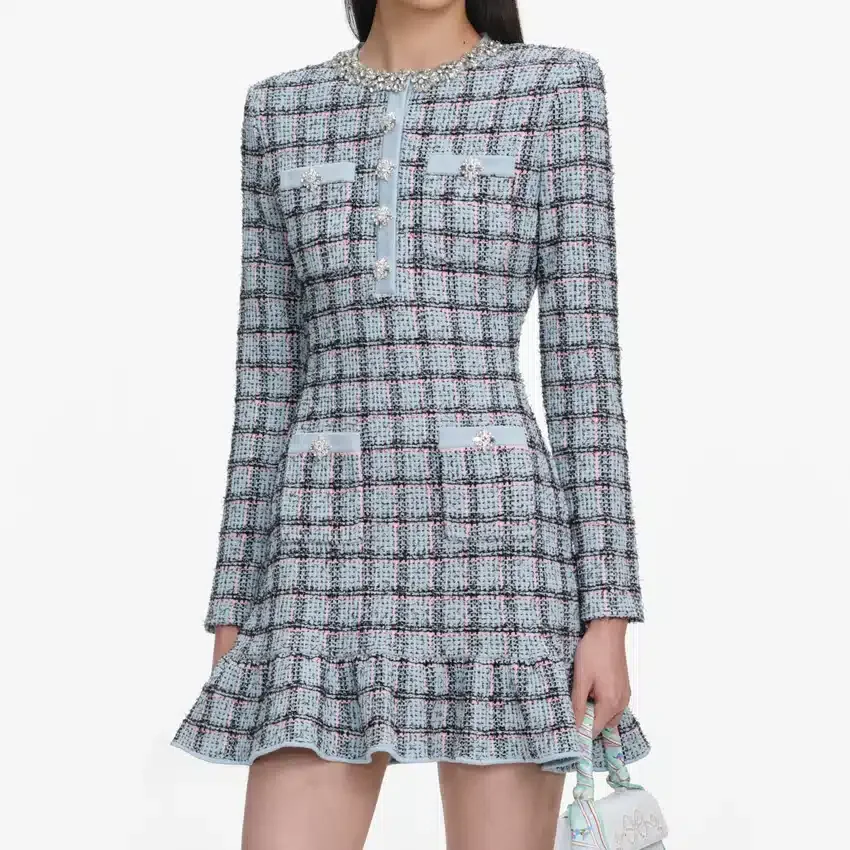 Blue Check Knit Mini Dress Blue Check Knit Mini Dress