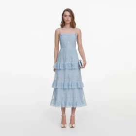 Blue Chiffon Lace Tiered Midi Dress