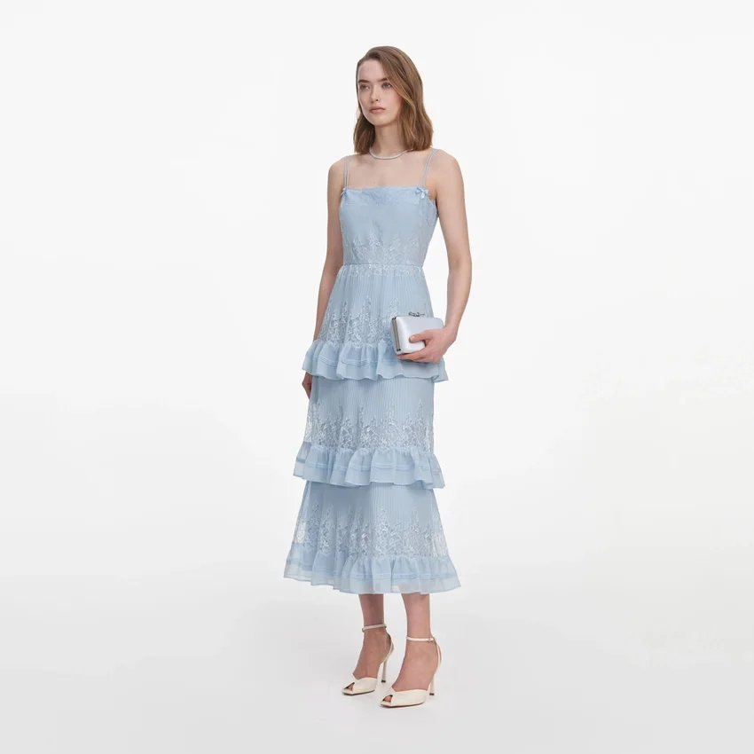 Blue Chiffon Lace Tiered Midi Dress Blue Chiffon Lace Tiered Midi Dress