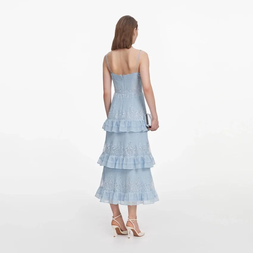 Blue Chiffon Lace Tiered Midi Dress Blue Chiffon Lace Tiered Midi Dress