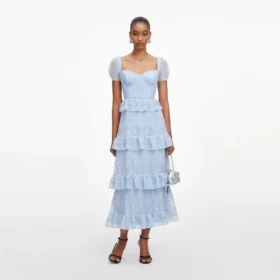Blue Chiffon Short Sleeve Midi Dress