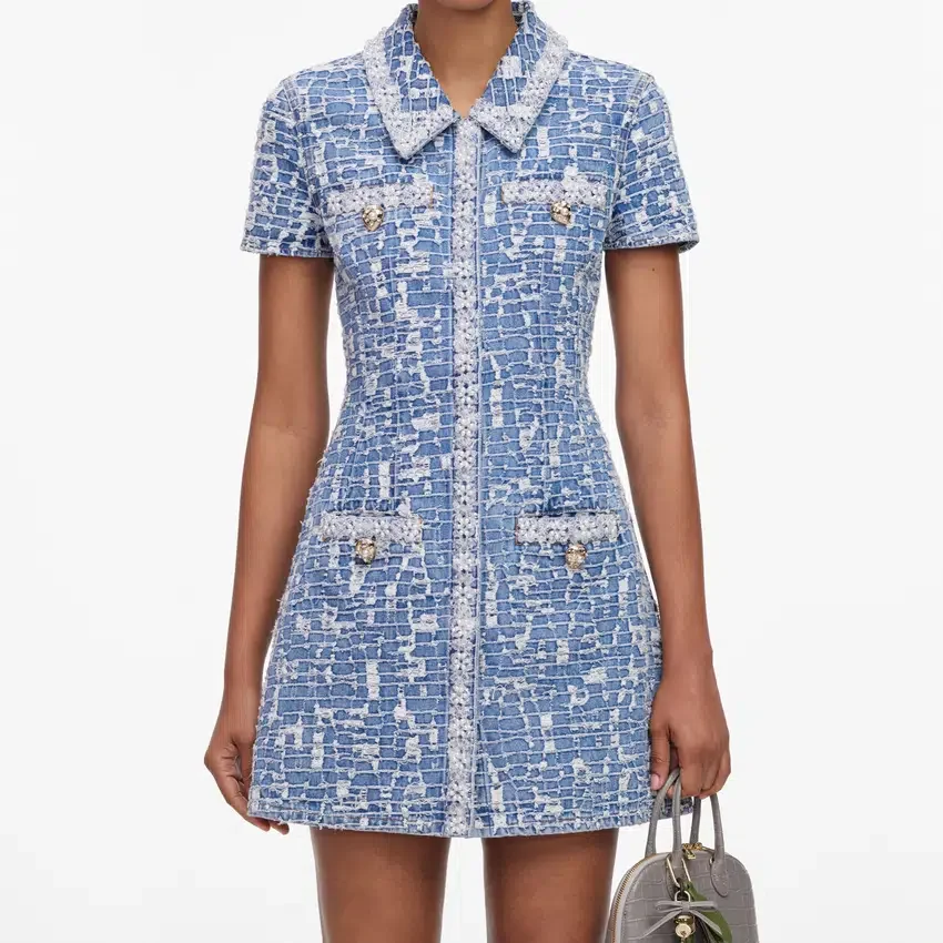 Blue Collared Textured Denim Mini Dress Blue Collared Textured Denim Mini Dress