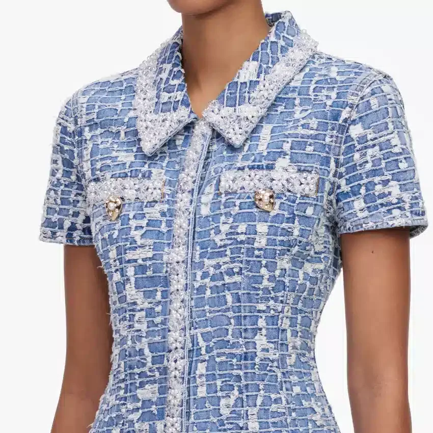 Blue Collared Textured Denim Mini Dress Blue Collared Textured Denim Mini Dress