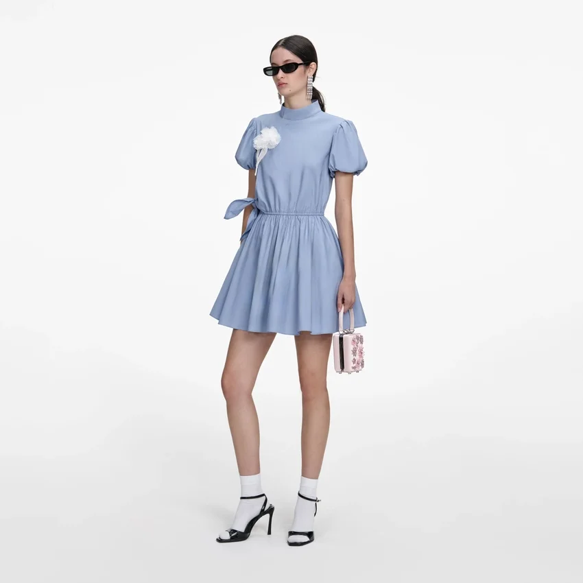 Blue Cotton Drape Mini Dress Blue Cotton Drape Mini Dress