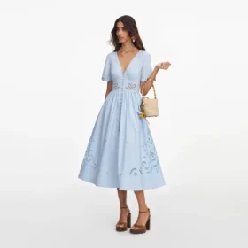 Blue Cotton Embroidered Midi Dress