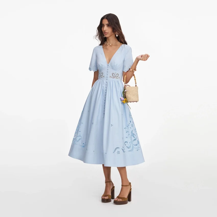 Blue Cotton Embroidered Midi Dress Blue Cotton Embroidered Midi Dress