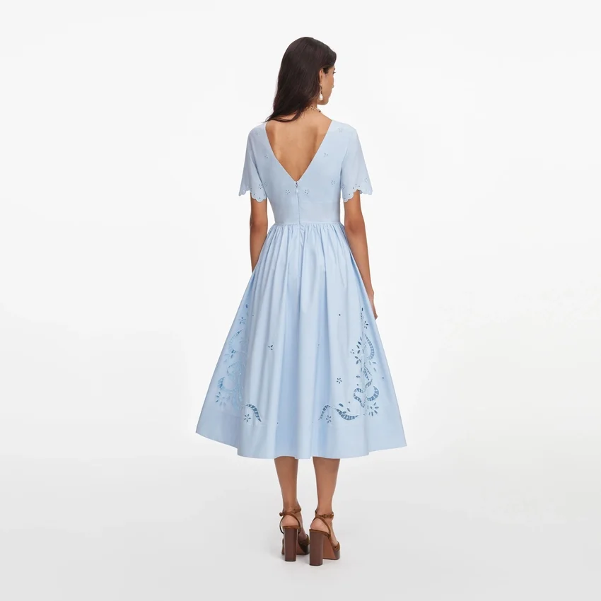 Blue Cotton Embroidered Midi Dress Blue Cotton Embroidered Midi Dress