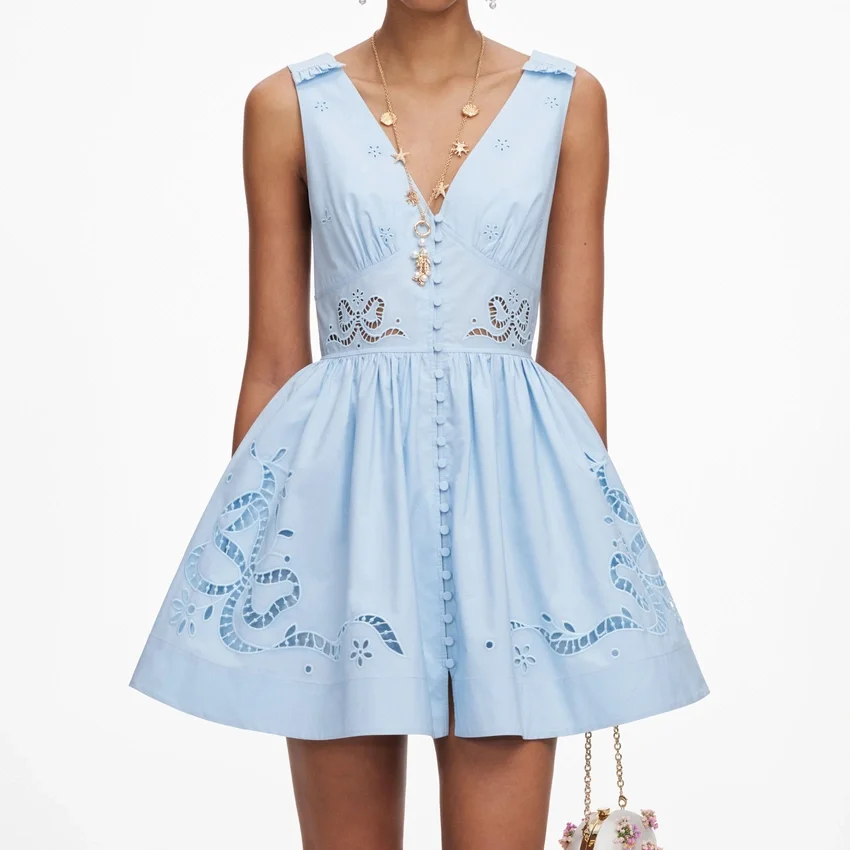Blue Cotton Embroidered Mini Dress Blue Cotton Embroidered Mini Dress