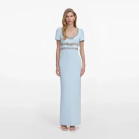 Blue Crepe Embellished Bow Maxi Dress