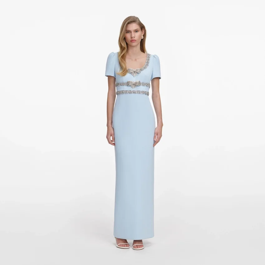 Blue Crepe Embellished Bow Maxi Dress Blue Crepe Embellished Bow Maxi Dress