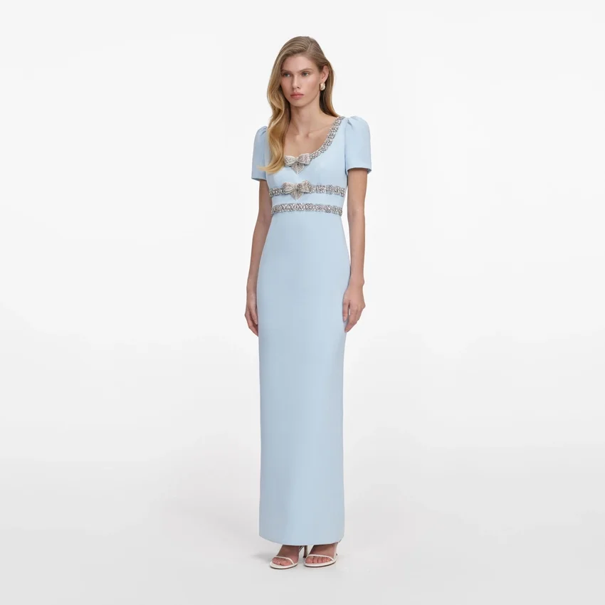 Blue Crepe Embellished Bow Maxi Dress Blue Crepe Embellished Bow Maxi Dress