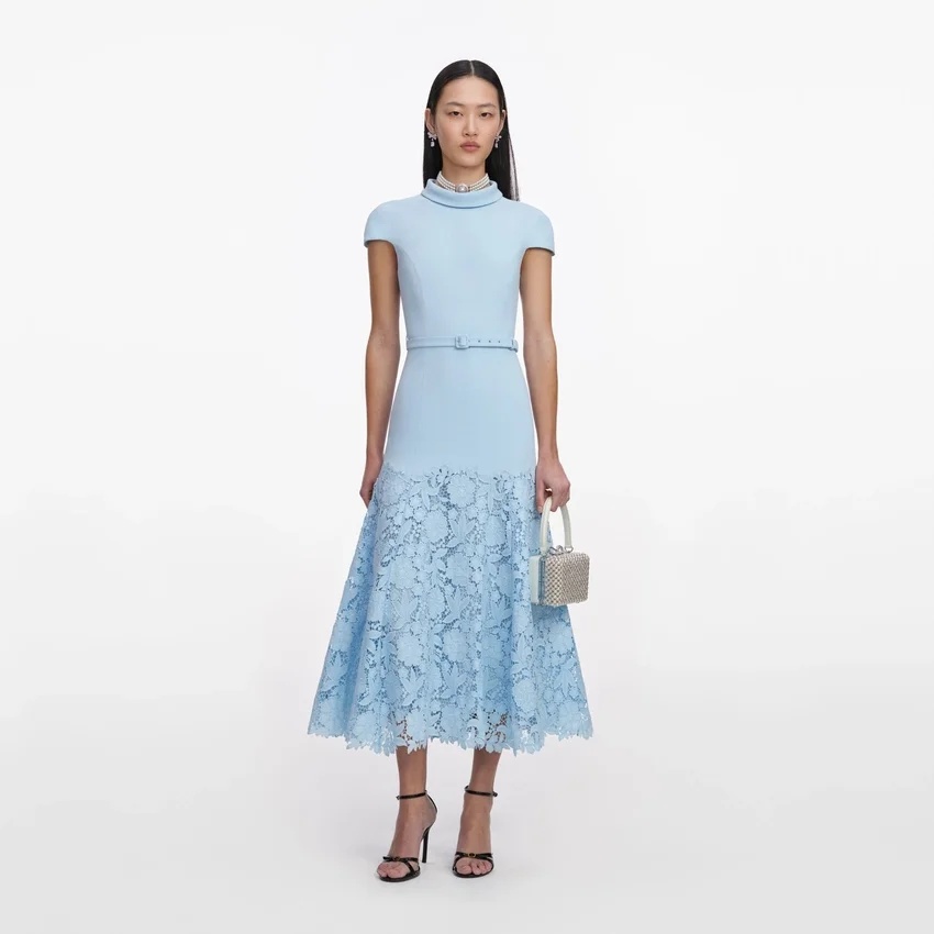 Blue Crepe Lace Midi Dress Blue Crepe Lace Midi Dress