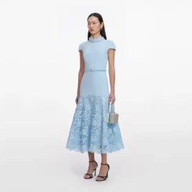Blue Crepe Lace Midi Dress