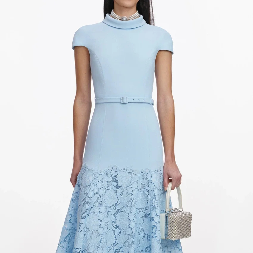Blue Crepe Lace Midi Dress Blue Crepe Lace Midi Dress