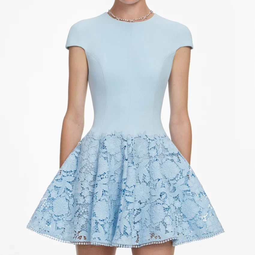Blue Crepe Lace Mini Dress Blue Crepe Lace Mini Dress