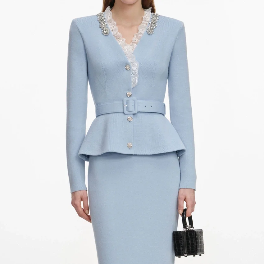 Blue Crystal Trim Knit Midi Dress Blue Crystal Trim Knit Midi Dress
