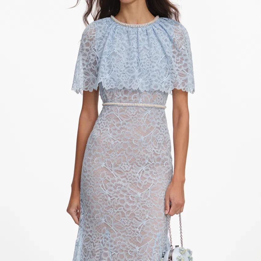 Blue Lace Cape Midi Dress Blue Lace Cape Midi Dress