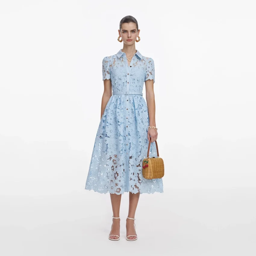 Blue Lace Collared Midi Dress Blue Lace Collared Midi Dress