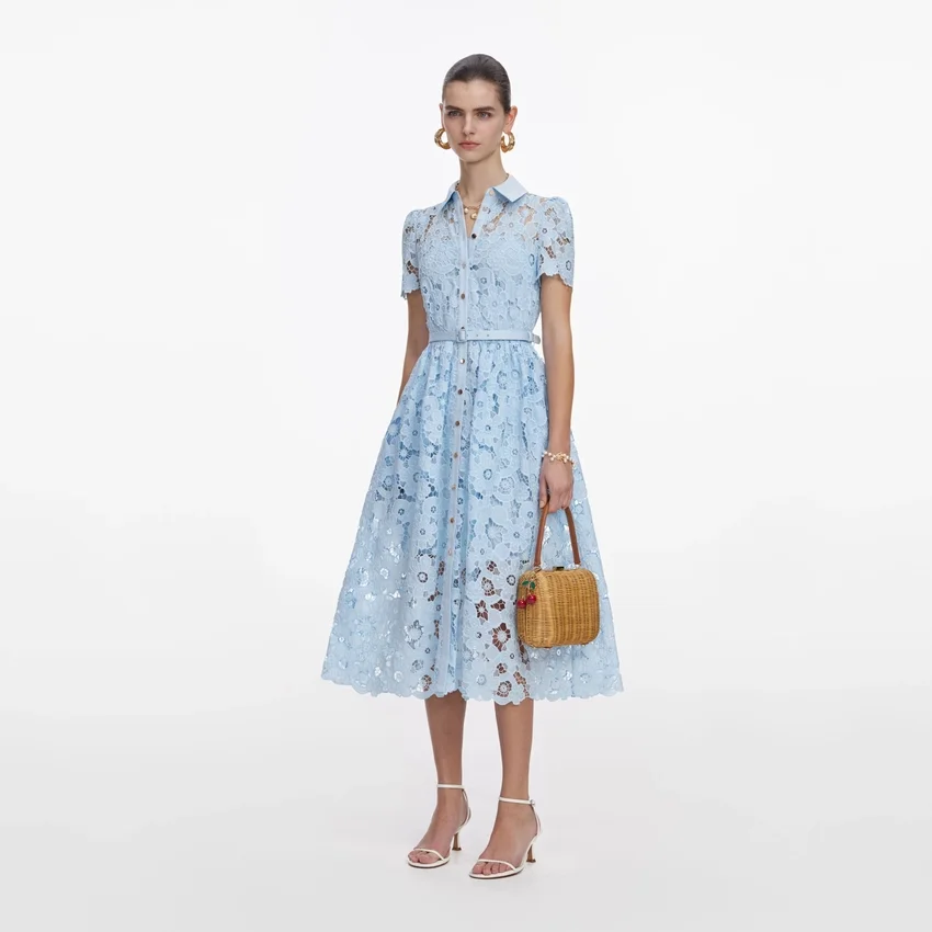 Blue Lace Collared Midi Dress Blue Lace Collared Midi Dress