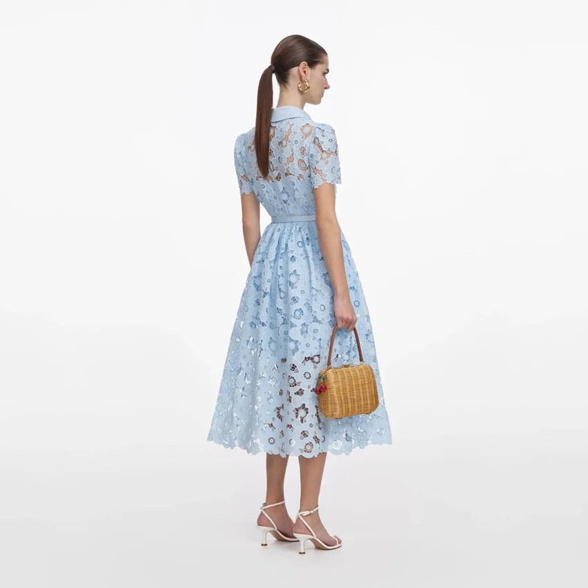 Blue Lace Collared Midi Dress Blue Lace Collared Midi Dress