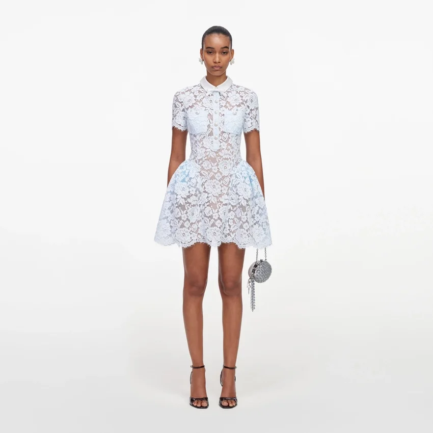 Blue Lace Flared Mini Dress Blue Lace Flared Mini Dress