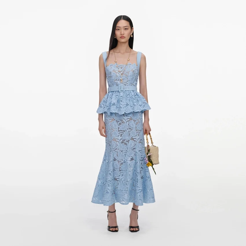 Blue Lace Peplum Midi Dress Blue Lace Peplum Midi Dress
