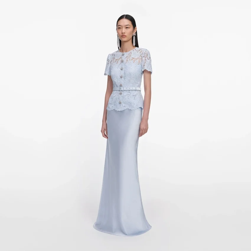 Blue Lace Satin Maxi Dress Blue Lace Satin Maxi Dress