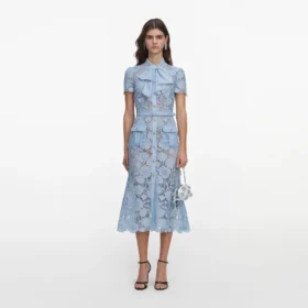 Blue Lace Tie Neck Midi Dress