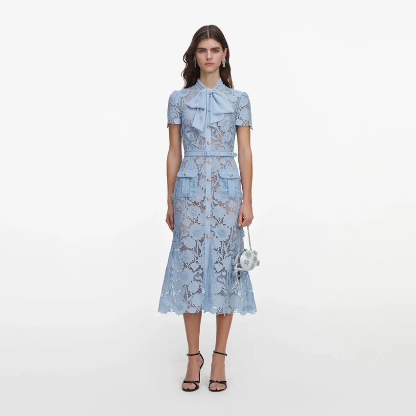 Blue Lace Tie Neck Midi Dress Blue Lace Tie Neck Midi Dress