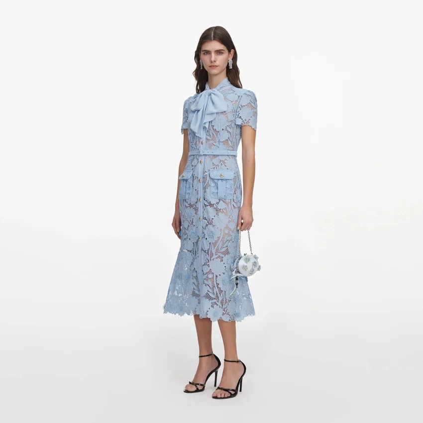 Blue Lace Tie Neck Midi Dress Blue Lace Tie Neck Midi Dress