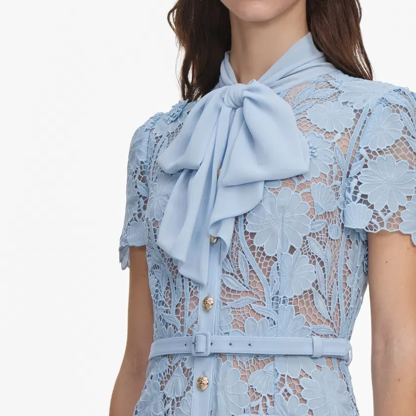 Blue Lace Tie Neck Midi Dress Blue Lace Tie Neck Midi Dress