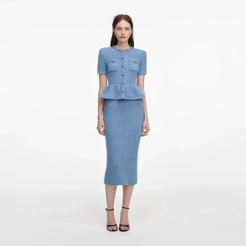 Blue Peplum Knit Midi Dress Blue Peplum Knit Midi Dress