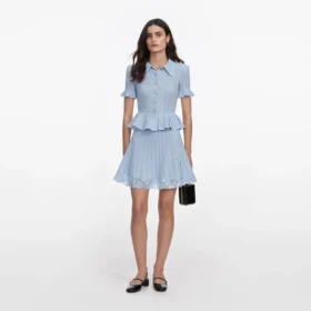 Blue Pointelle Peplum Knit Mini Dress