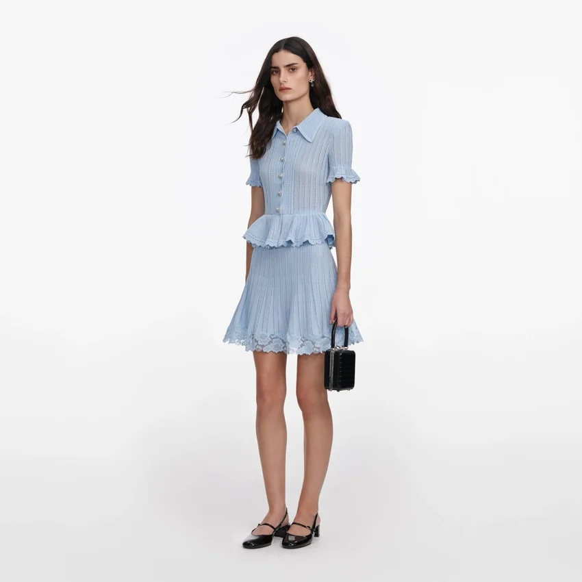 Blue Pointelle Peplum Knit Mini Dress Blue Pointelle Peplum Knit Mini Dress