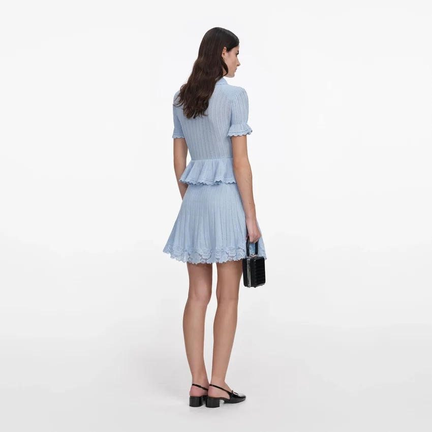 Blue Pointelle Peplum Knit Mini Dress Blue Pointelle Peplum Knit Mini Dress