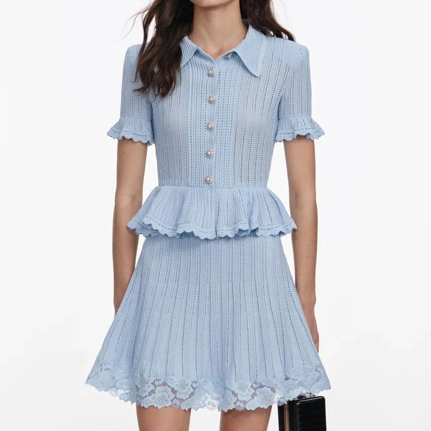 Blue Pointelle Peplum Knit Mini Dress Blue Pointelle Peplum Knit Mini Dress