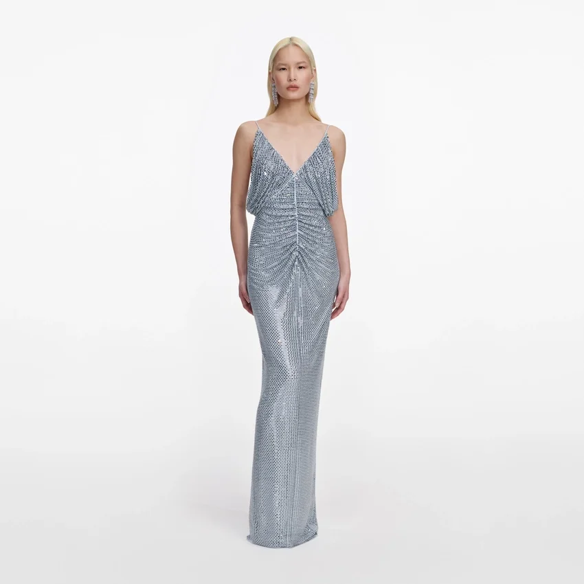 Blue Rhinestone Mesh Maxi Dress Blue Rhinestone Mesh Maxi Dress
