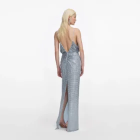 Blue Rhinestone Mesh Maxi Dress