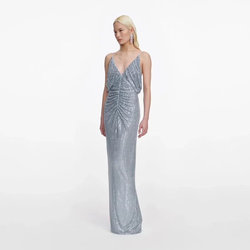 Blue Rhinestone Mesh Maxi Dress Blue Rhinestone Mesh Maxi Dress