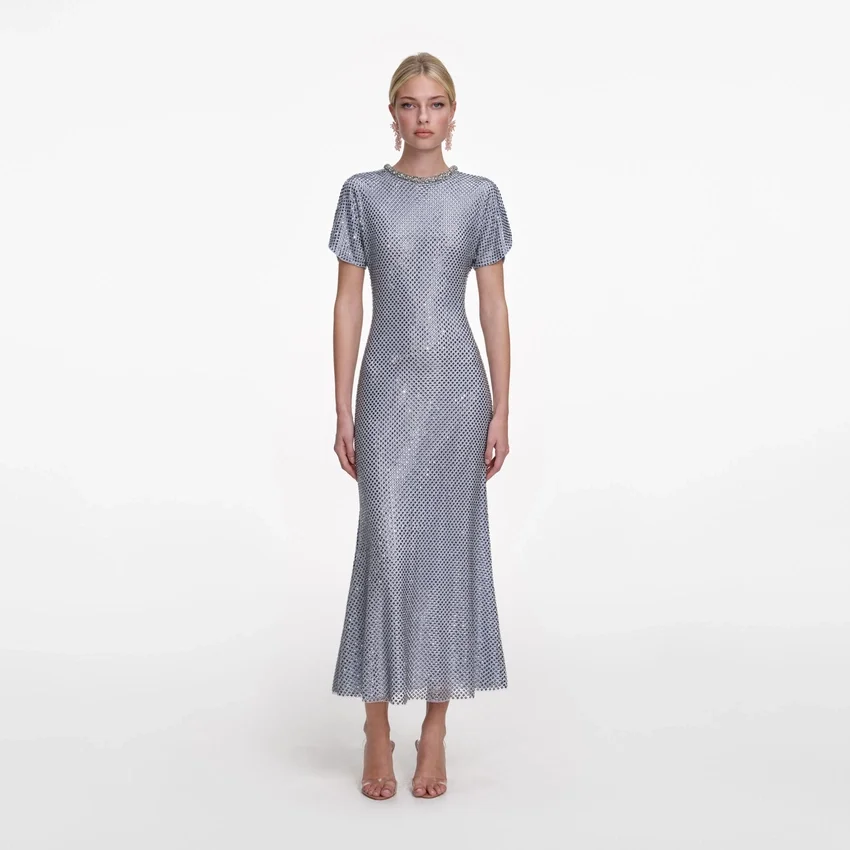 Blue Rhinestone Mesh Midi Dress Blue Rhinestone Mesh Midi Dress