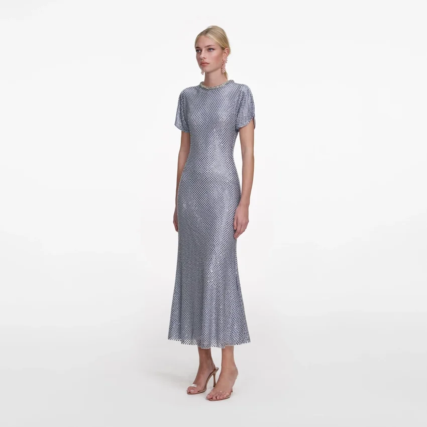 Blue Rhinestone Mesh Midi Dress Blue Rhinestone Mesh Midi Dress