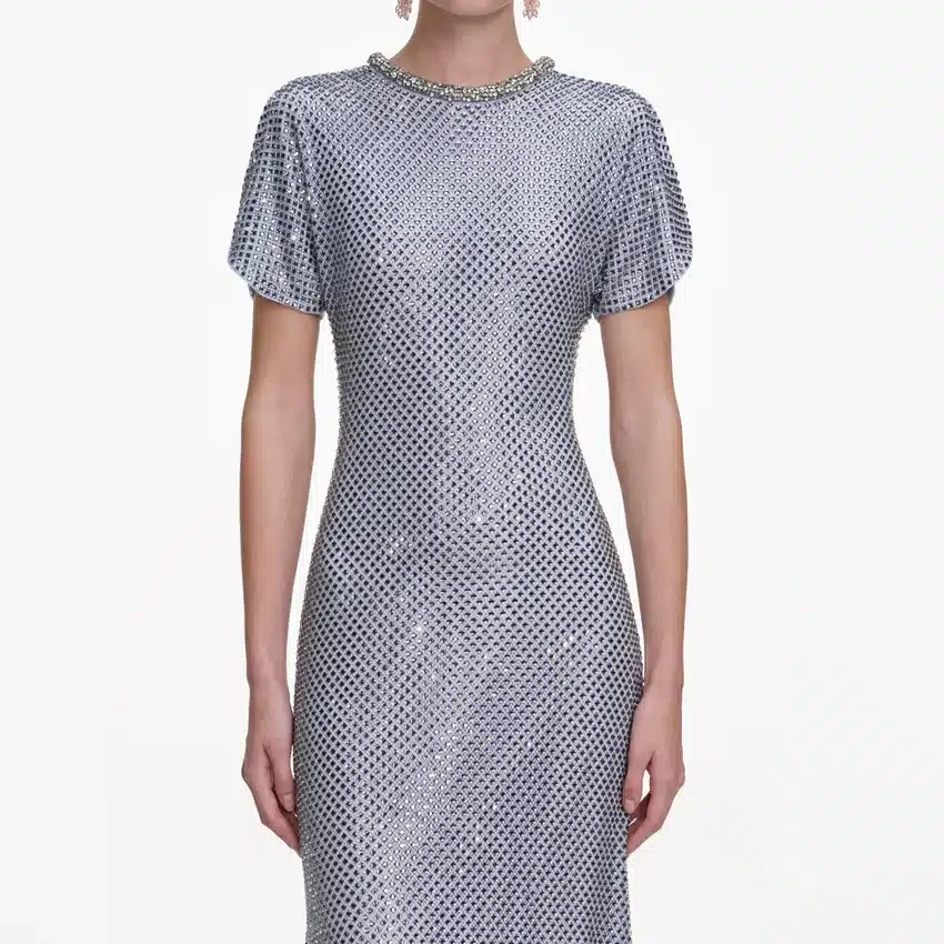 Blue Rhinestone Mesh Midi Dress Blue Rhinestone Mesh Midi Dress