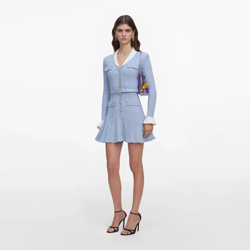 Blue Ribbed Knit Mini Dress Blue Ribbed Knit Mini Dress