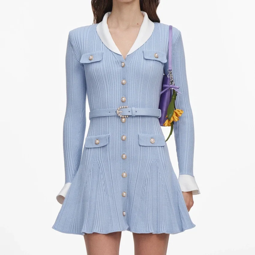 Blue Ribbed Knit Mini Dress Blue Ribbed Knit Mini Dress