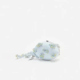 Blue Satin Floral Beaded Oval Clutch