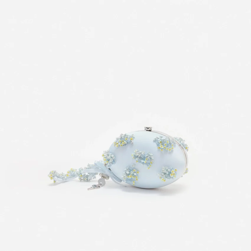 Blue Satin Floral Beaded Oval Clutch Blue Satin Floral Beaded Oval Clutch