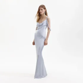 Blue Satin Flower Maxi Dress