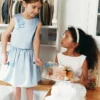 Blue Satin Sequin Flower Top