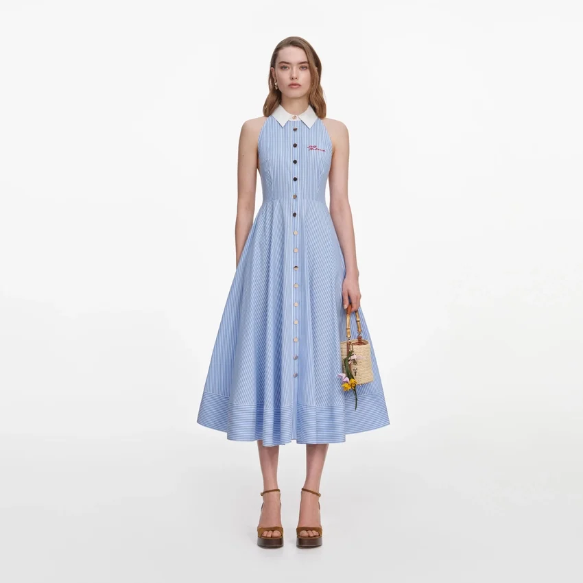 Blue Striped Cotton Midi Dress Blue Striped Cotton Midi Dress